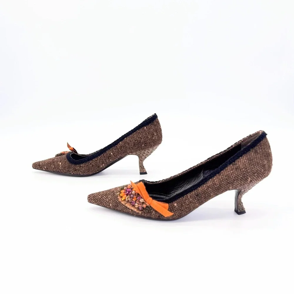 Prada Brown Wool Tweed Kitten Heel Pumps IT 37 US 7 Crystal Bow Pointed Toe - Picture 4 of 12